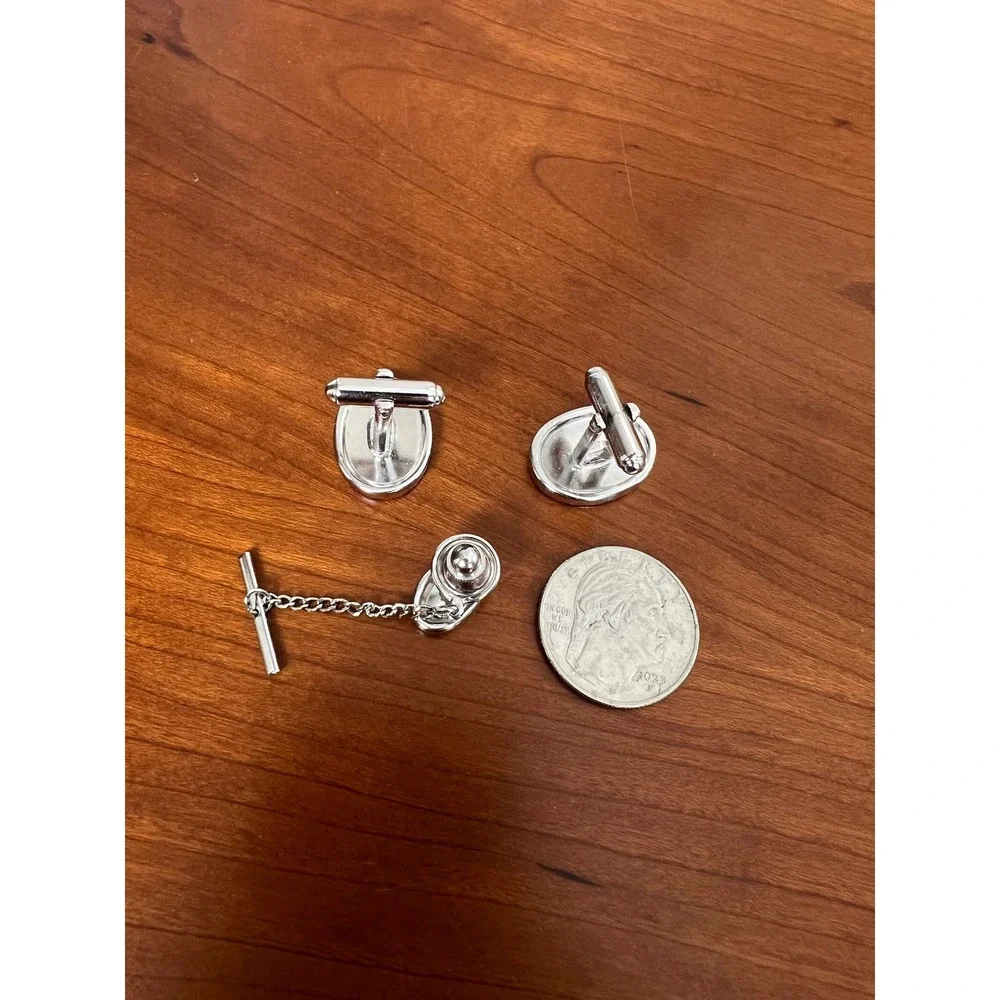 Vintage Silver Engraved Letter J Cufflink and Tie Tack Set Mens Formal Jewelry